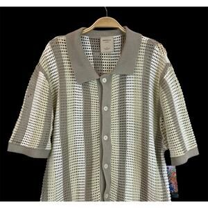 Massive Luxury Cotton Striped Crochet Shirt Men M Gray Butter Cream Open Knit